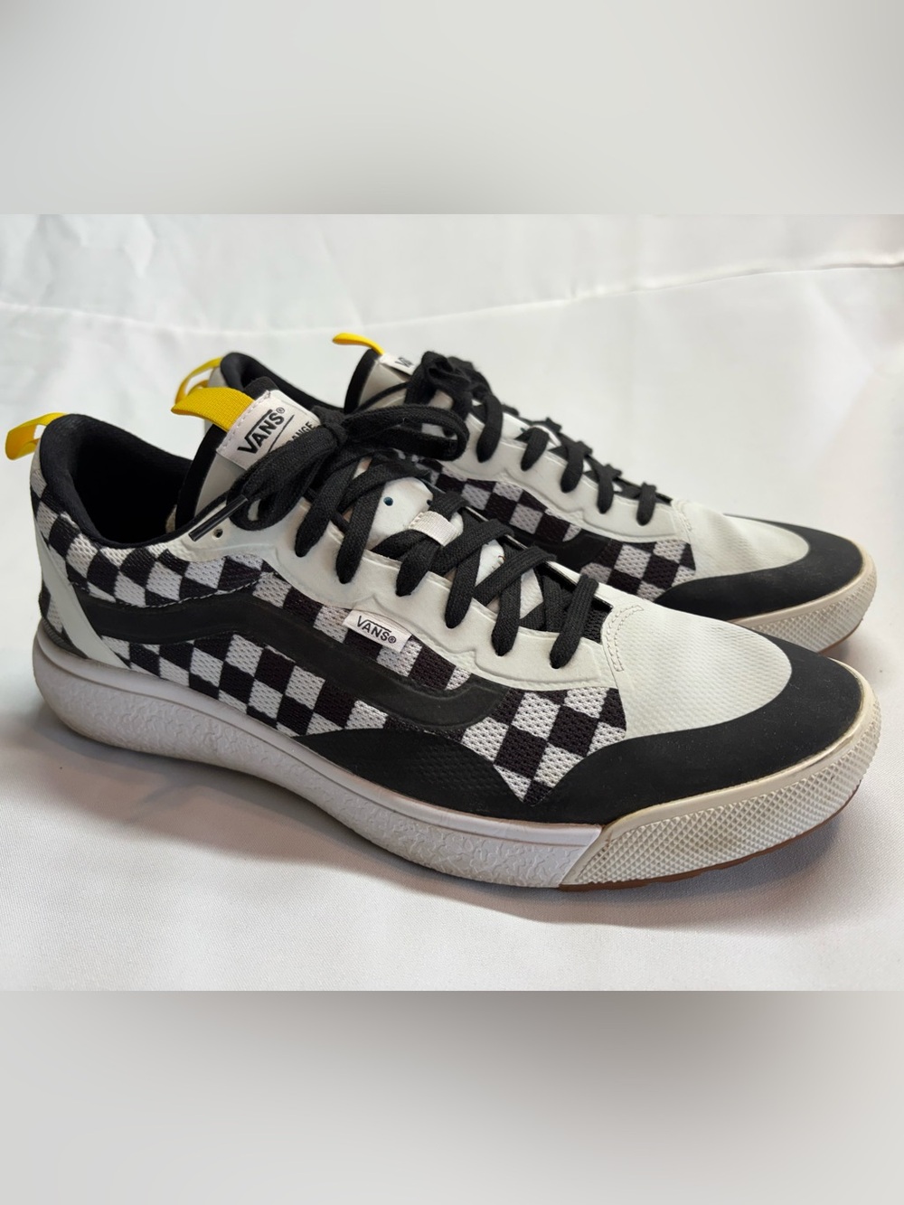 Vans Checkerboard Low-Top Sneakers in Black, White & Yellow Accents